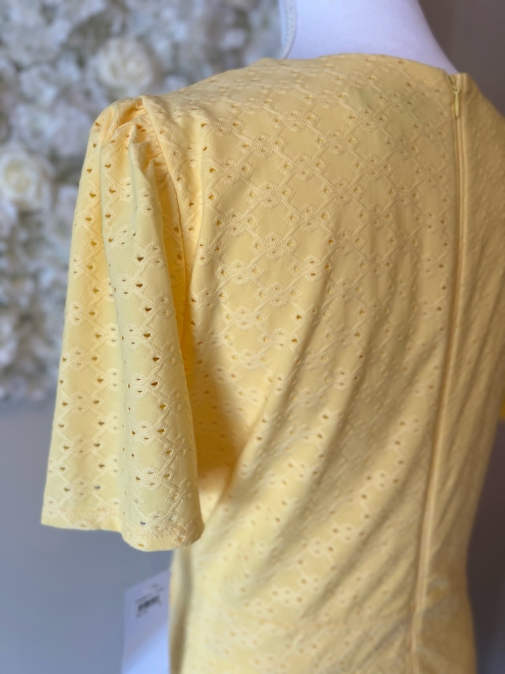 London Times Sunny Yellow Eyelet Wrap Midi Dress - Picture 8 of 10
